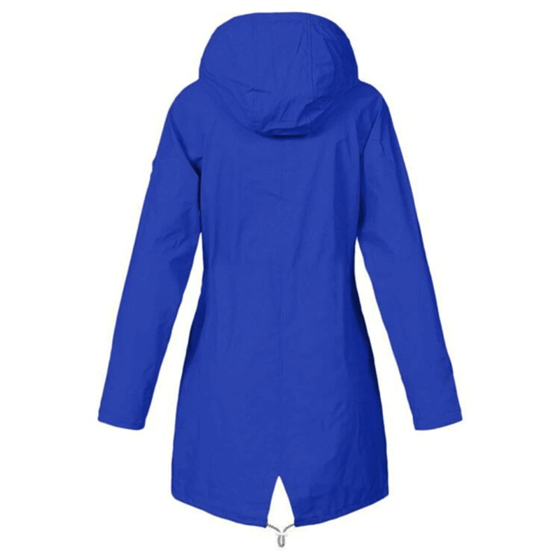 Back view of blue waterproof hooded rain jacket, lightweight and windproof, ideal for outdoor activities, featuring full sleeves and pockets.